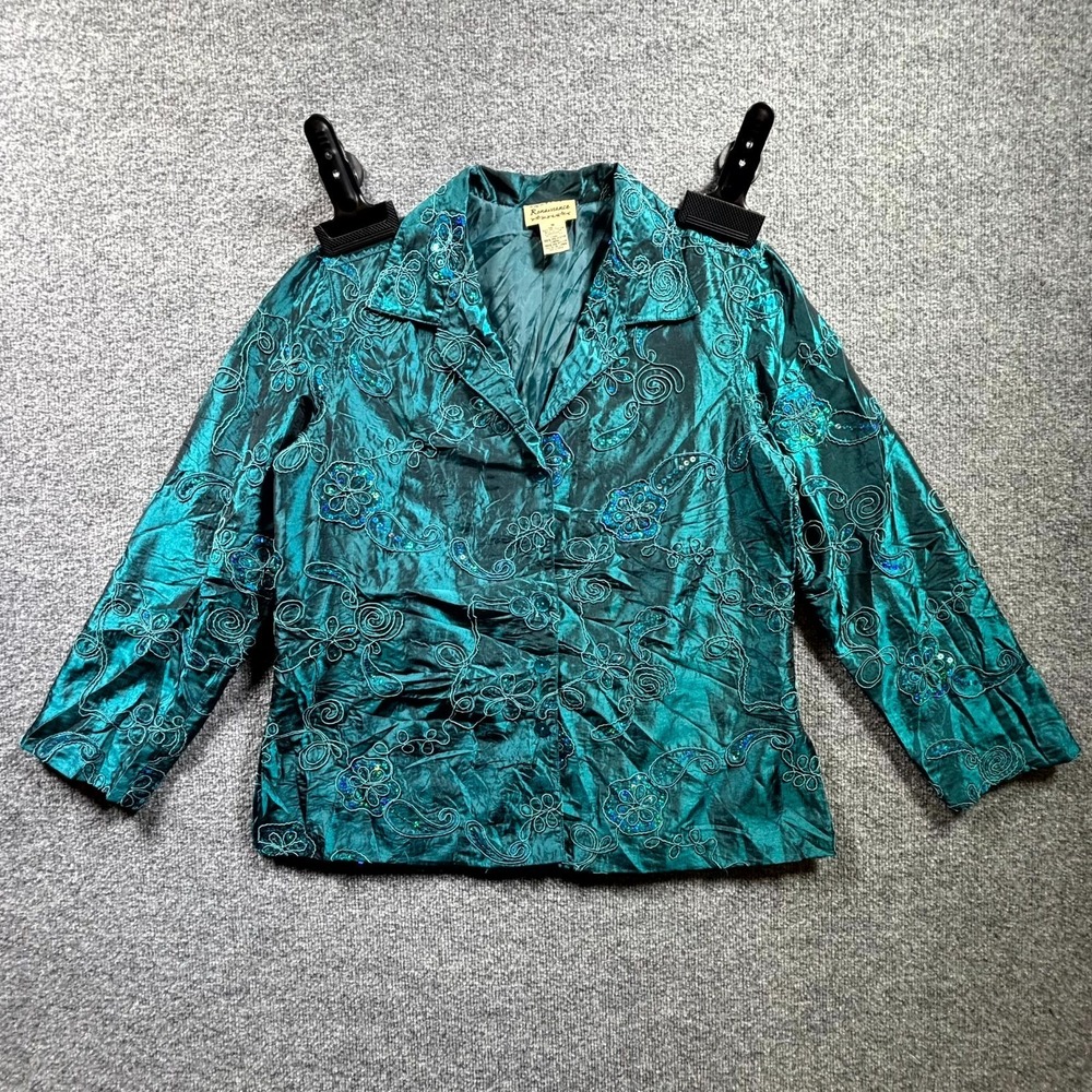 Vintage Renaissance Blazer Jacket Women Medium Teal Blue Silk Floral Embroidered